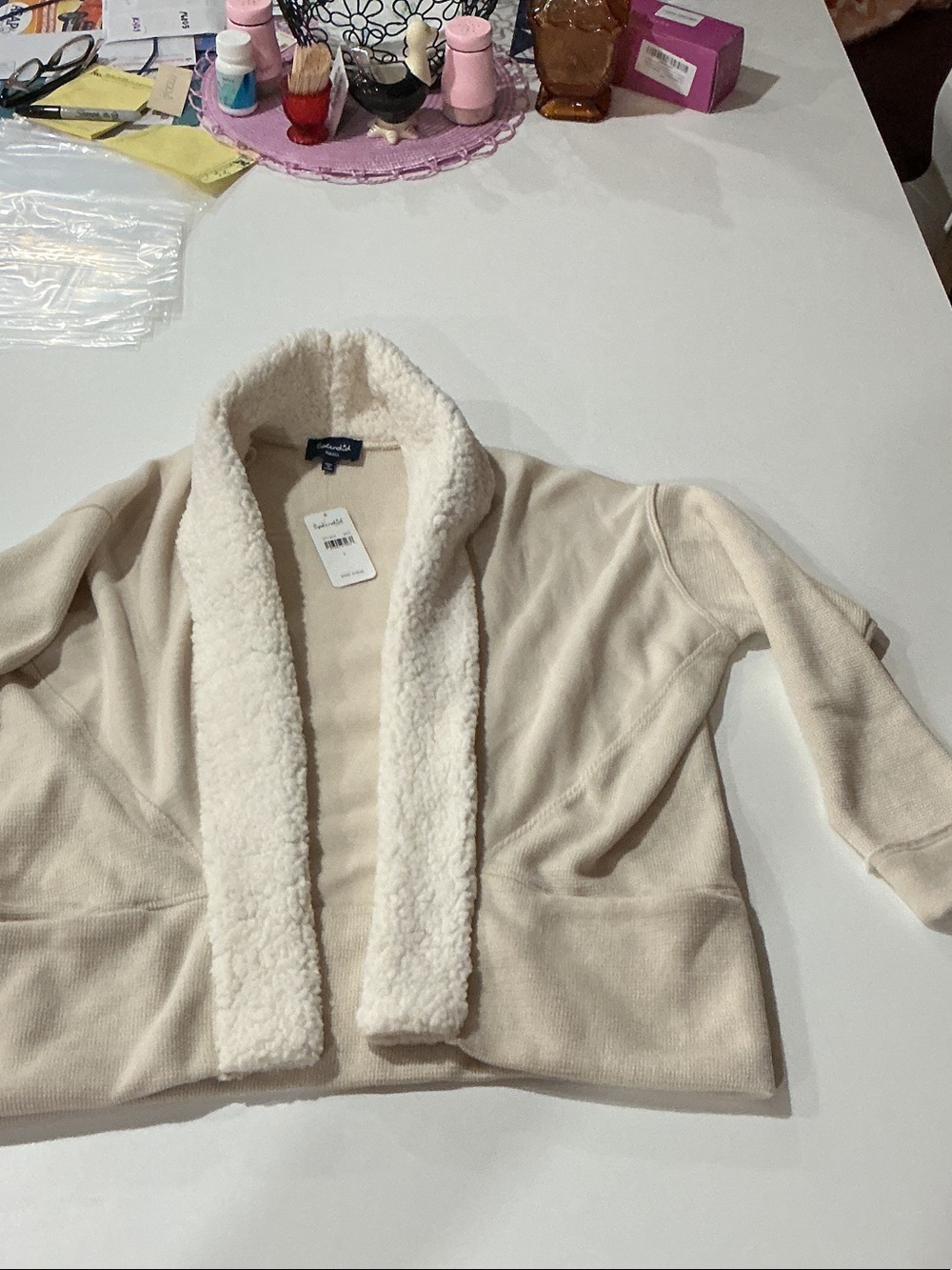 Splendid Cream Open-Front Sherpa-Trim Cardigan